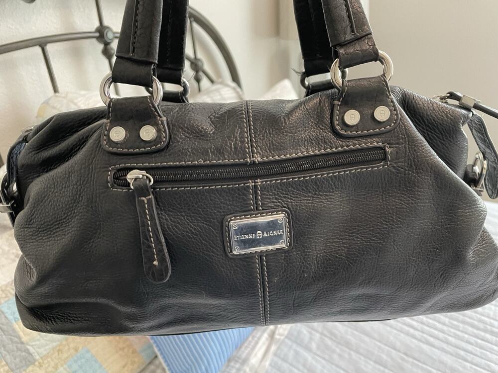 Etienne Aigner Black Pebbled Leather Buckle Satchel Handbag Silver Hardware